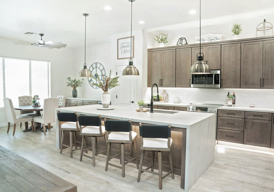Farmhouse-inspired Queen Creek kitchen with waterfall quartz island
