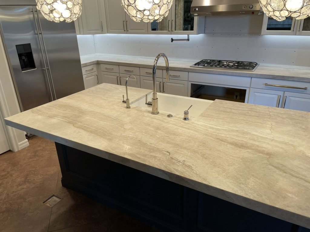 Close-up of Taj Mahal quartzite veining on a kitchen island, Gilbert, AZ