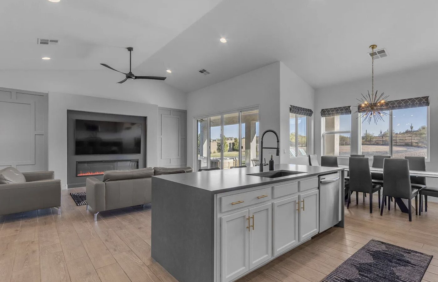 Quartz island with a waterfall edge, open to the living room, San Tan Valley, AZ