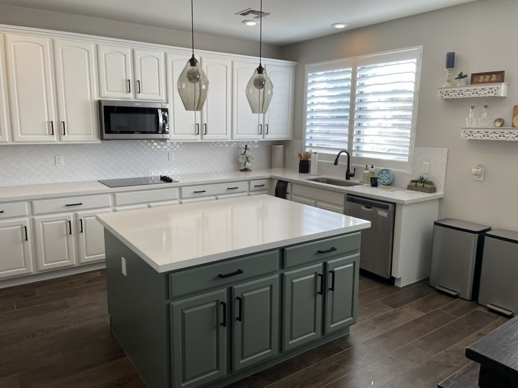 Two-tone kitchen with sage green island and quartz countertop, Mesa, AZ