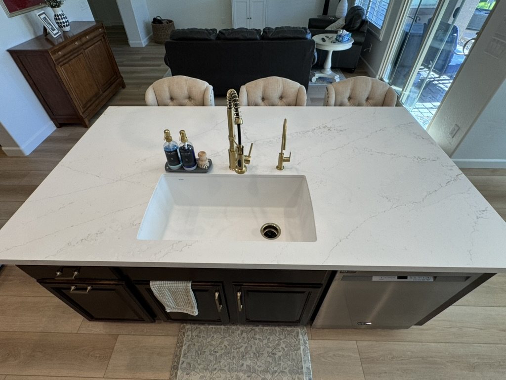 Kitchen island sink with brass faucet and quartz countertop, Gilbert, AZ