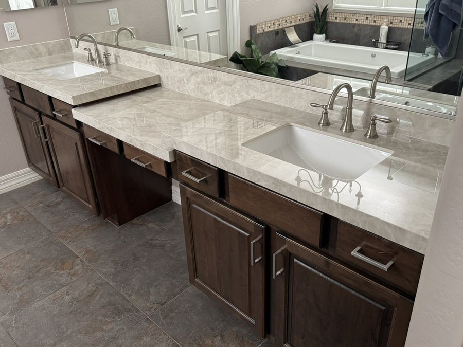 Long porcelain master vanity run with a step-down makeup counter, Chandler, AZ