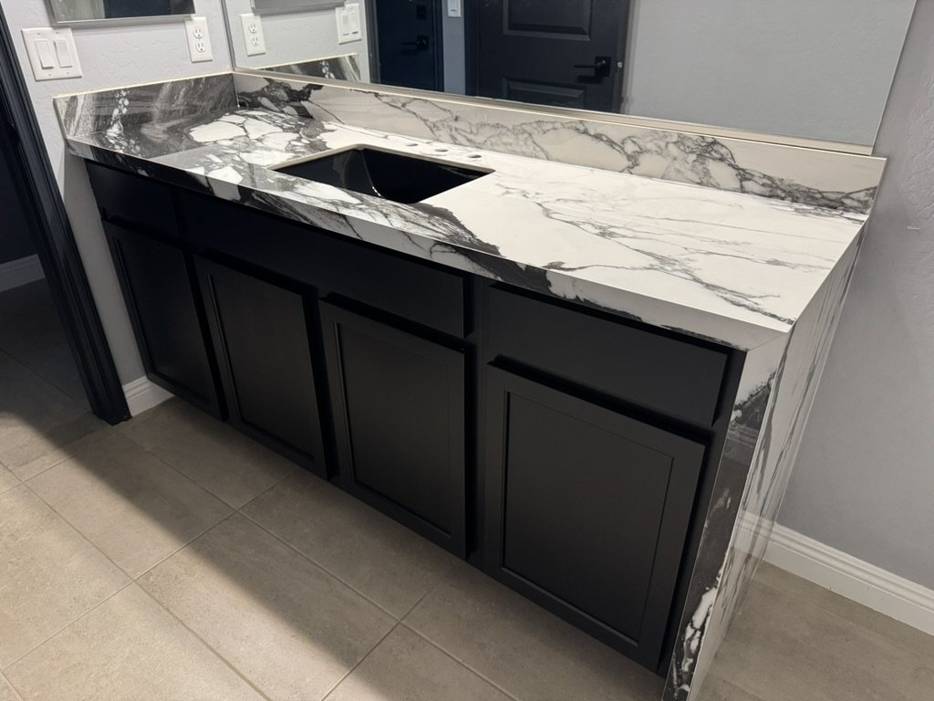 Bathroom vanity with porcelain waterfall side panel, San Tan Valley, AZ