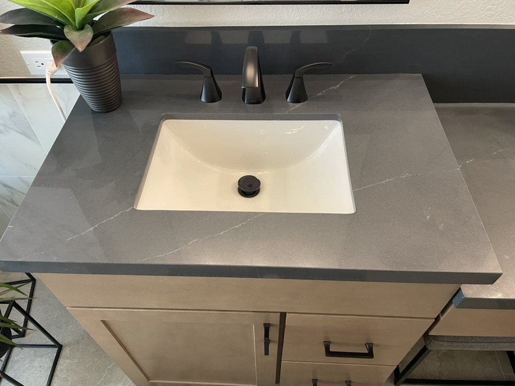Close view of the charcoal quartz vanity top and undermount basin, Gilbert, AZ