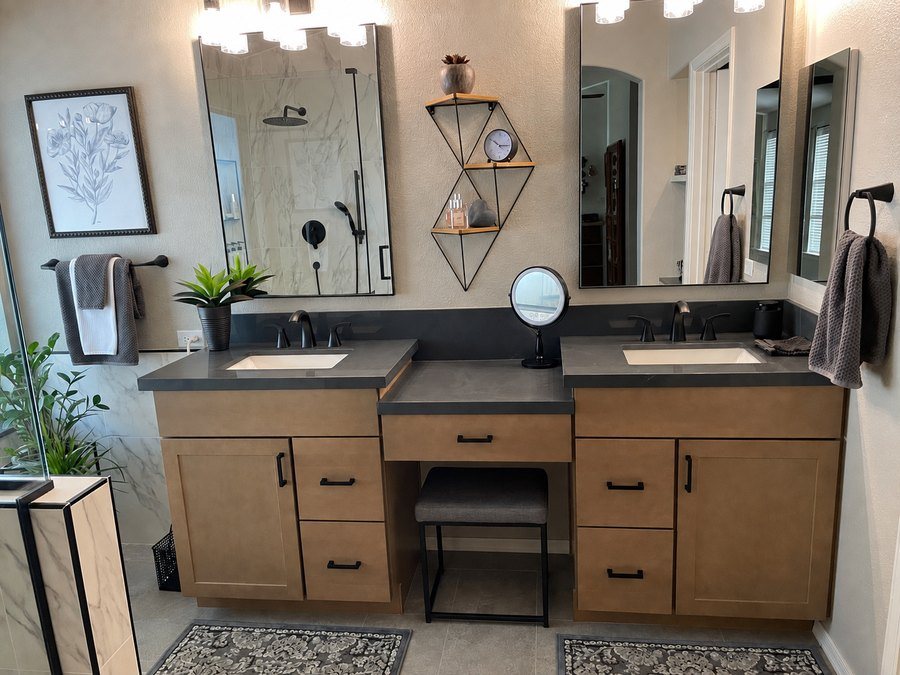 Master bathroom with two charcoal quartz vanities and a makeup station between them, Gilbert, AZ