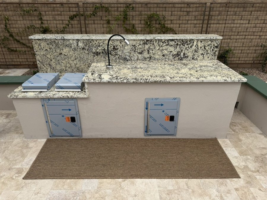 White Persa granite countertop and full-height backsplash on an outdoor barbecue, Fountain Hills, AZ
