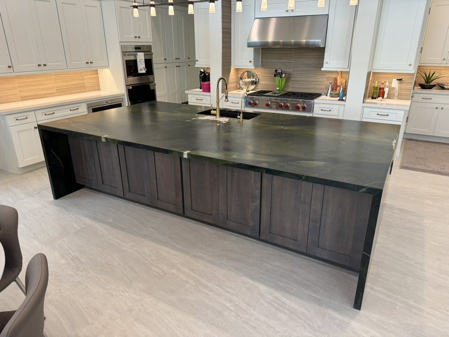 Quartzite waterfall end and mitered edge on a kitchen island, Fountain Hills, AZ