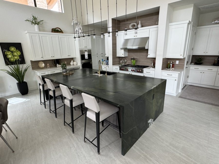 Avocatus quartzite waterfall island with white semi-custom cabinetry, Fountain Hills, AZ kitchen